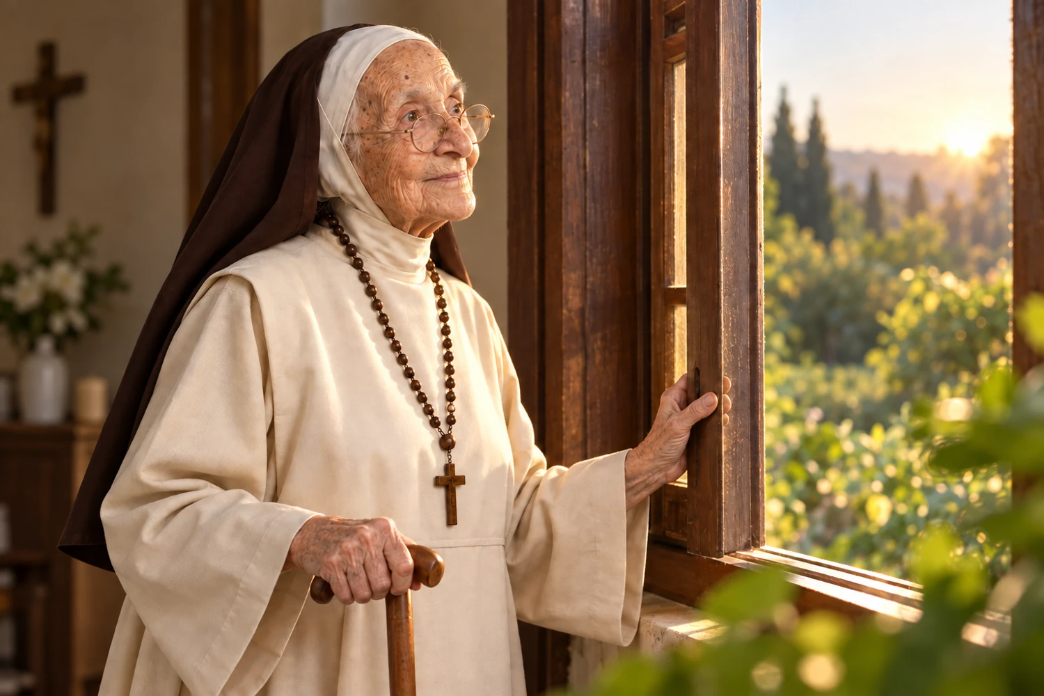 Irmã Benedita de Lourdes, personagem ficcional, ao lado de uma janela iluminada