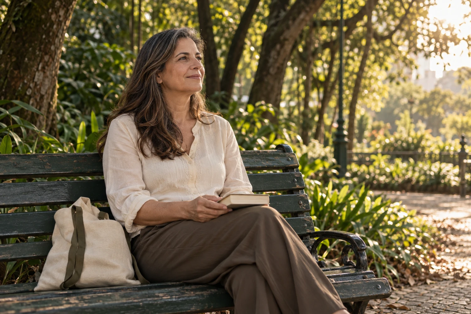 Cena do livro: mulher em um jardim, em um momento de descanso